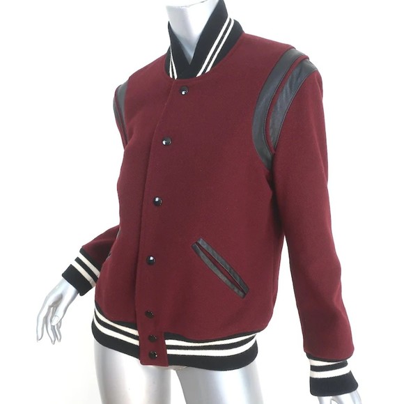 Saint Laurent Teddy Bomber Jacket Leather-Trim Burgundy Wool Size 46 - Picture 2 of 8